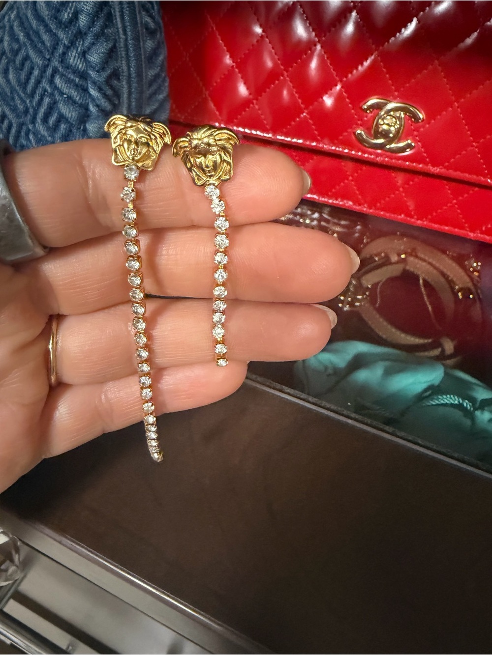 Versace Gold Medusa Crystal Drop Linear Earrings